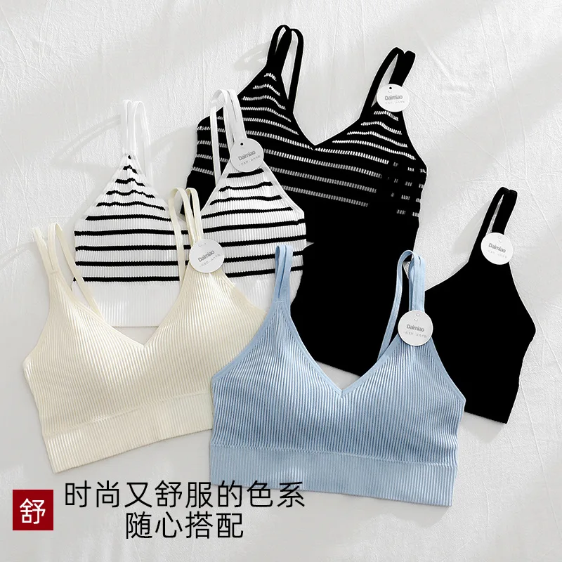 

Spring And Summer New Ribbed Beauty Back Wrap Bra Women's Bra Without Underwire Fixed Thin Cup Small Chest Top Top Foundation