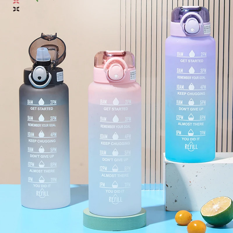 1 Liter Water Bottle With Time Scale fitness Outdoor Sports Water bottles  with straw Frosted Leakproof Motivational Sport Cups