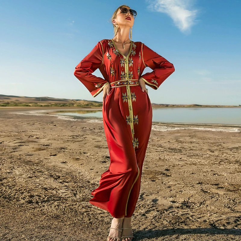 Islam Abayat Red Fashion Elegant Abayas for Women Dubai Turkey Eid Chic Dresses Party Kaftan Islamic Clothing Belt Wholesale