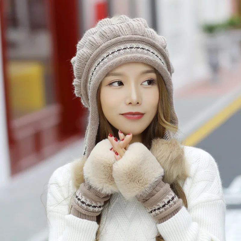 2022 Winter Knit Hat Women Rabbit Fur Plush Snow Hats Pompom Female Solid Hip-Hop Outdoor Ear Protection Cap