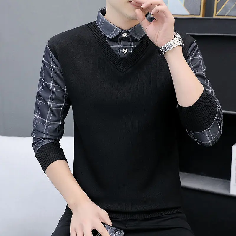 Fashion Loose Spliced Business Plaid Shirts Men Clothing 2023 Autumn New Oversized Casual Tops Fake Two Pieces Tops