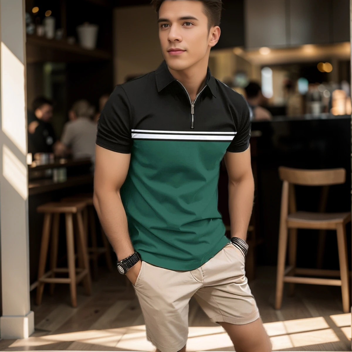 

2024 new summer with lapel solid color casual sports Polo shirt, men's slim-fit commercial short-sleeve striped Polo shirt.