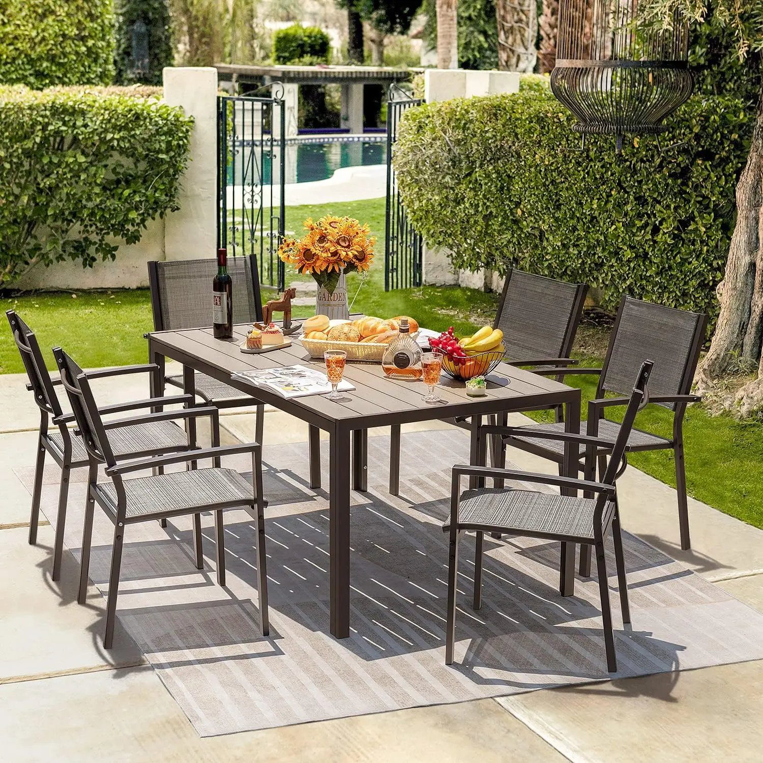 Patio Dining Set Outdoor Bistro Furniture with Stackable Textilene Chairs and Large Table for Yard, Garden, Porch and Poolside