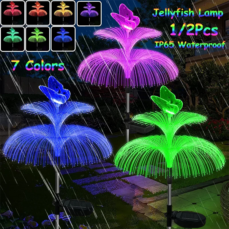 1/2Pcs Solar Garden Lights 7 Color Changing Double Layer Jellyfish Lamp with Butterfly Outdoor Lighting for Yard Decor