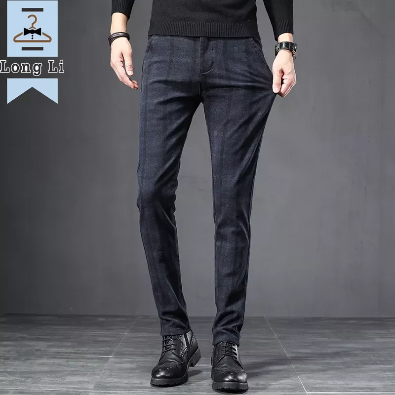 

2023 New Spring England Plaid Work Stretch Pants Men Cotton Business Fashion Slim Grey Blue Casual Pant Male Brand Trouser 38