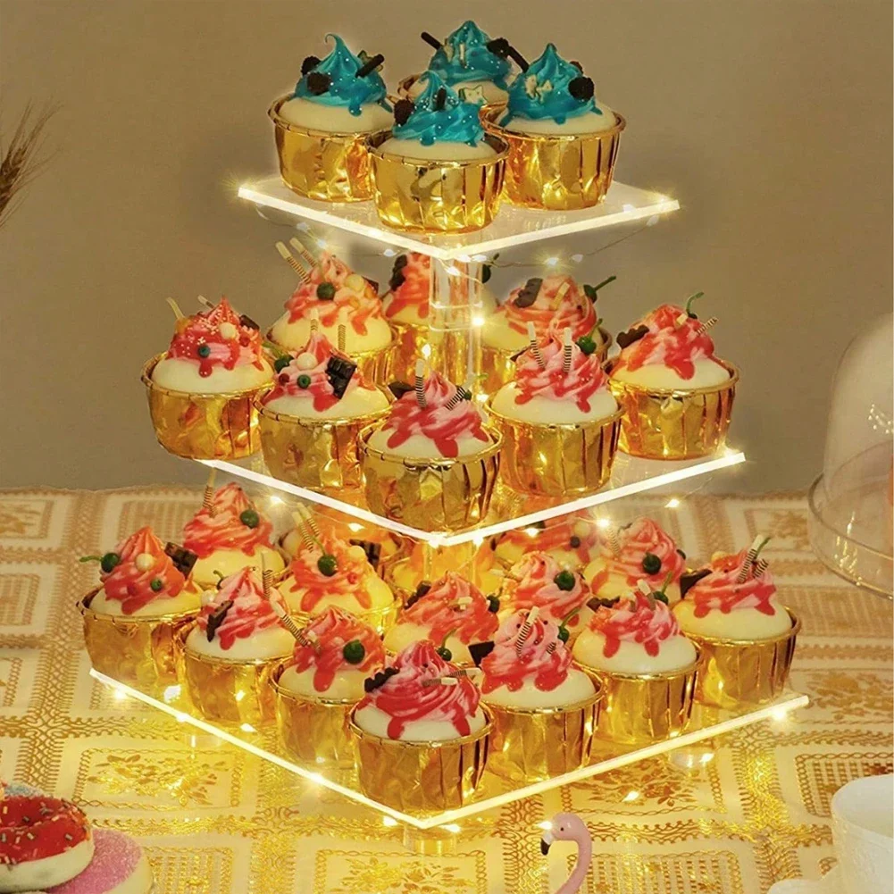 3/4 Tier Acrylic Cupcake Display Stand with LED Light Square Display Stand Cake Serving Platter for Birthday Wedding Party