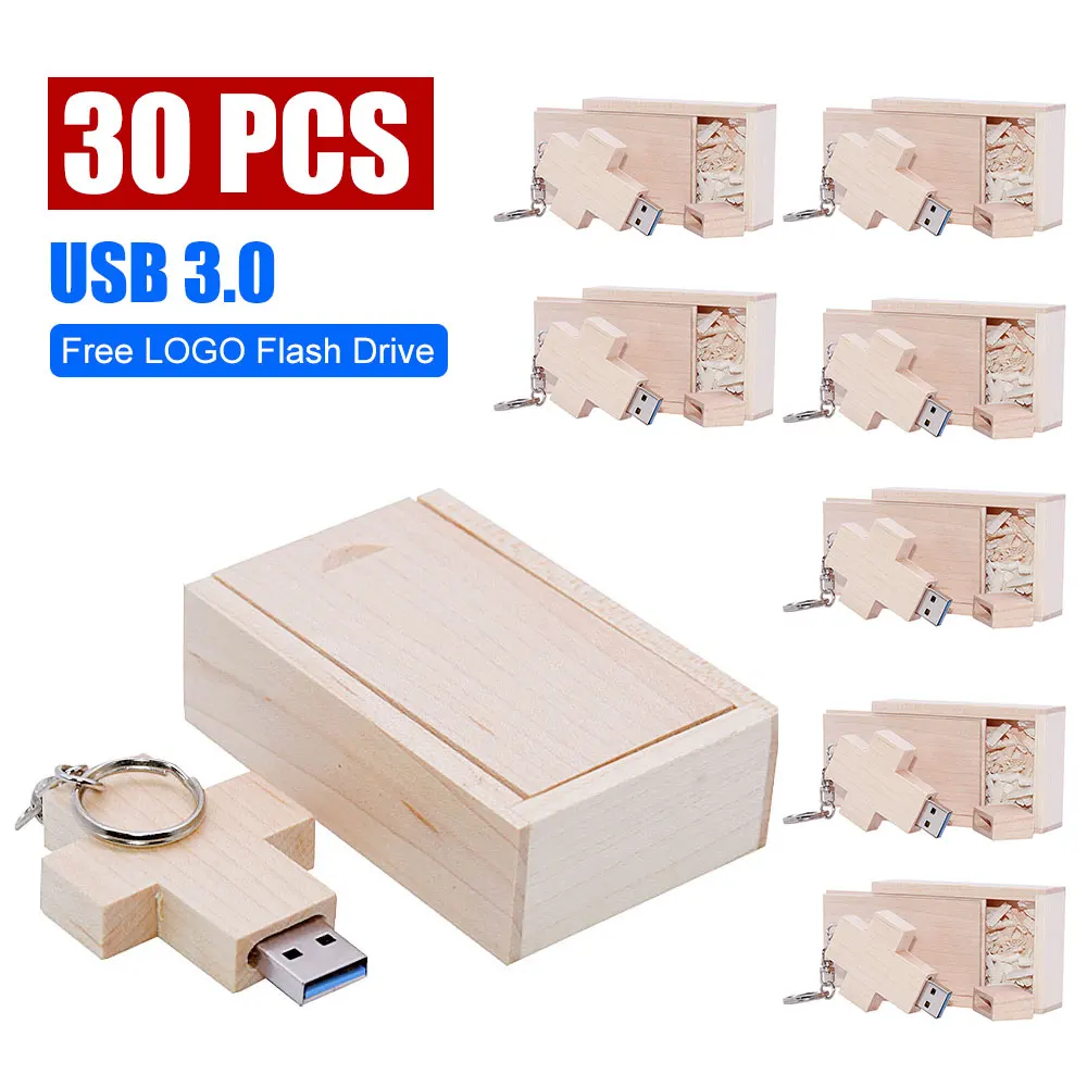 

30PCS Free custom logo USB 3.0 pen drive 128G Cross USB flash drive Wooden box pendrive Key chain Memory stick Creative gift