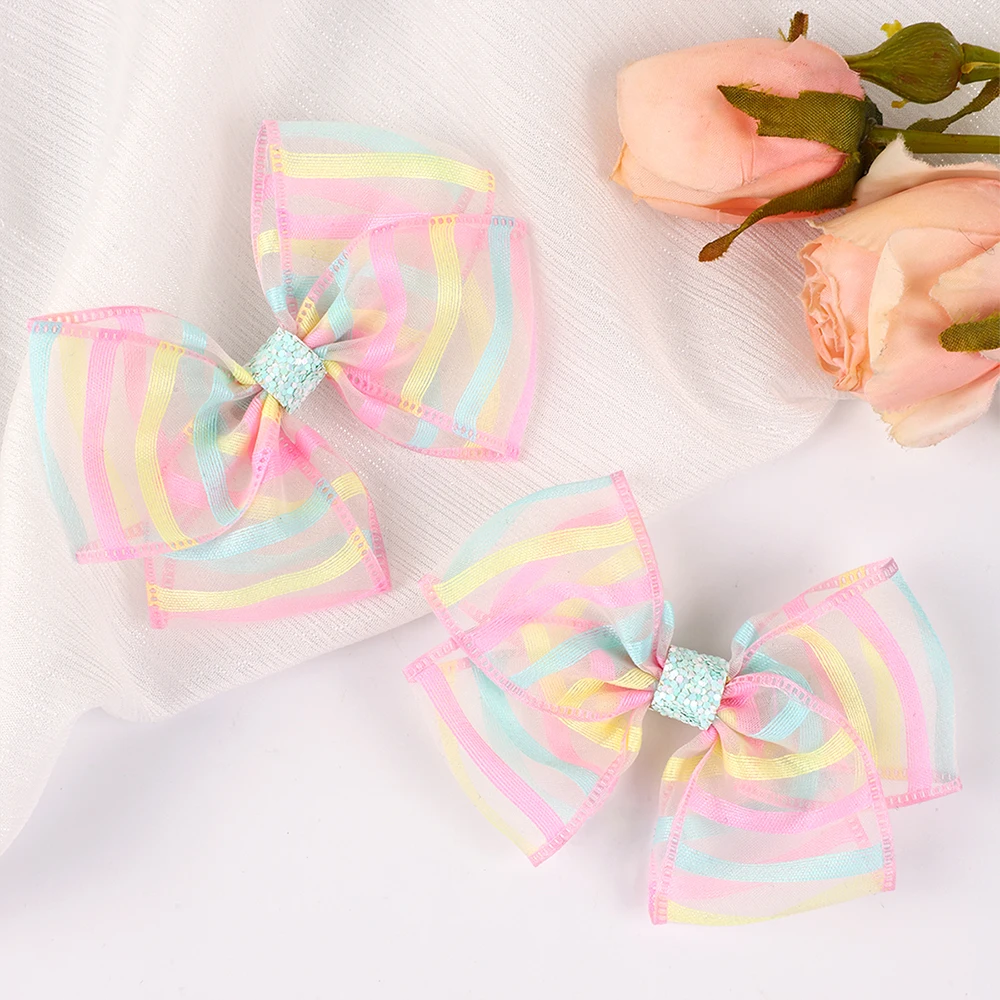 2 Stück Mini Regenbogen Bunte Mesh Schleife Haarspange Schleife Haarspangen für Kleinkind Mädchen Haarschmuck Kinder Haarschmuck Kopfbedeckung