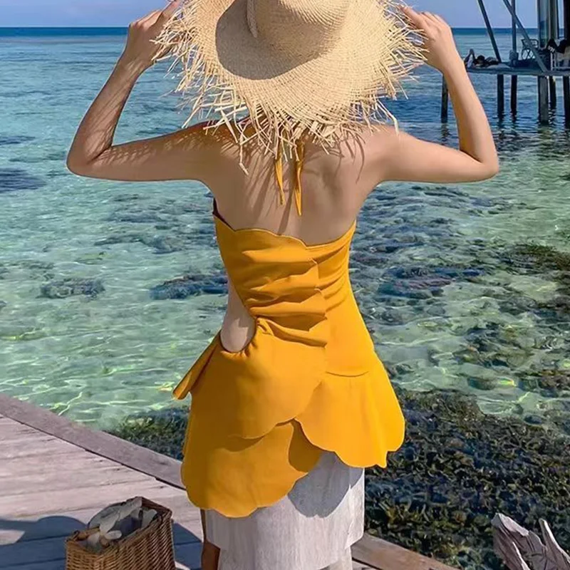 Summer Sexy Y2k New Swimsuit Women Elegant Fashion Minimalist Chic Stripe Solid Color Ruffles Off the Shoulder Hollow Out Bikini