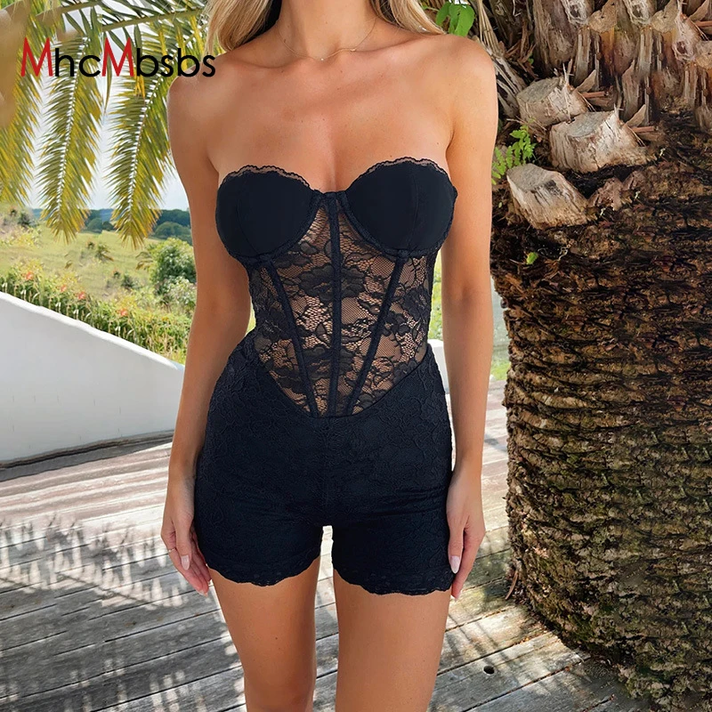 

Sexy Strapless Off Shoulder Corset Playsuits Women Black Hollow Out Perspective Lace Patchwork Shorts Jumpsuits 2024 Spring Fall