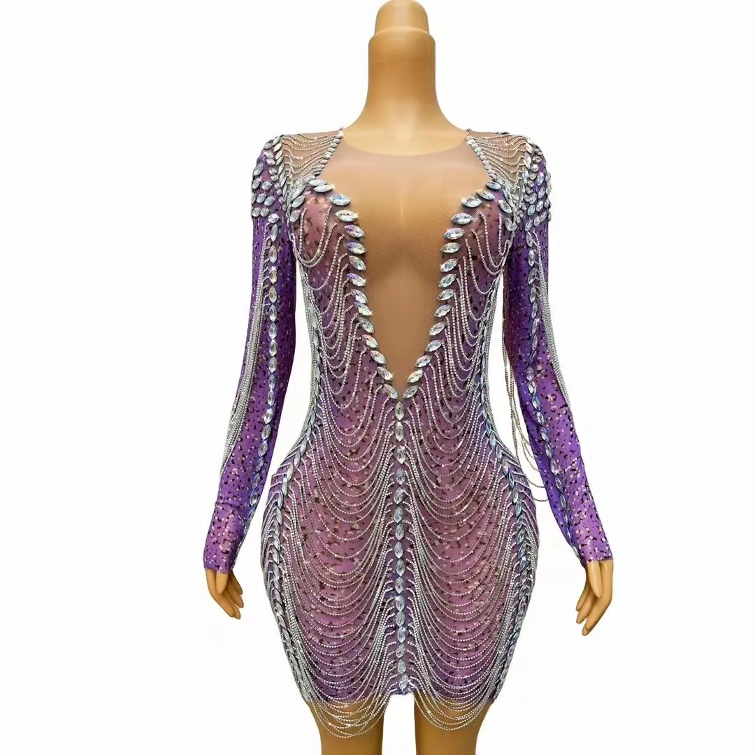 

Sexy AB Rhinestones Crystals Chains PurpleDress Evening Nightclub Sexy StretchCostume Female Singer Performance caihua