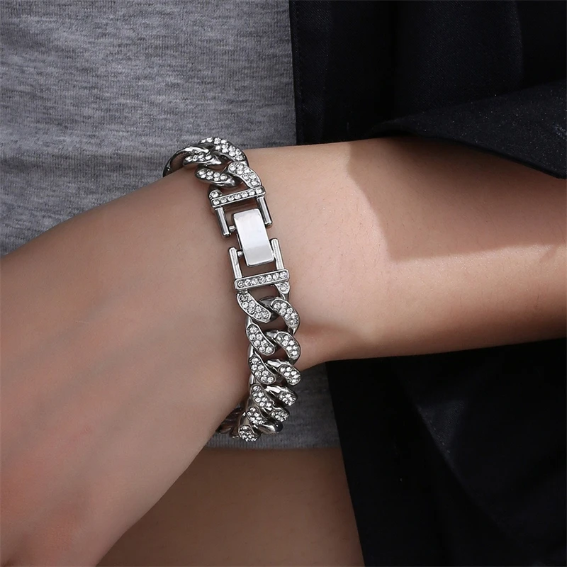

Fashion Full Diamond Cuban Chain Bracelet Personalized Hip Hop Trend Men's and Women's Alloy Micro Inlaid Zircon Bracelet