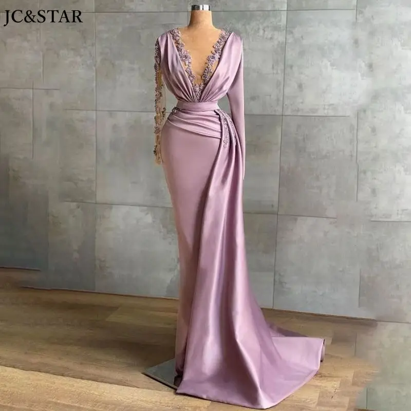 

Pink Purple Mermaid Evening Dresseseven Prom Party Gown For Women Satin Lace Crystal Long Sleeve SEXI Robes De SoirÉE Plus Size
