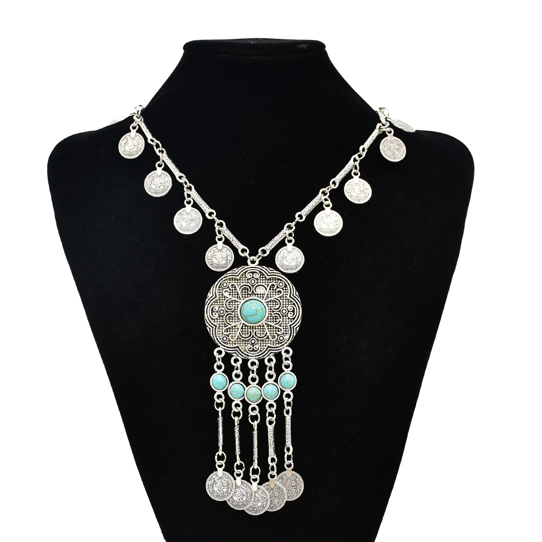 

Vintage Silver Coins Tassel Gypsy Tribal Ethnic Pendant Necklace For Women Long Acrylic Gem Carved Sweater Chain Collar Jewelry