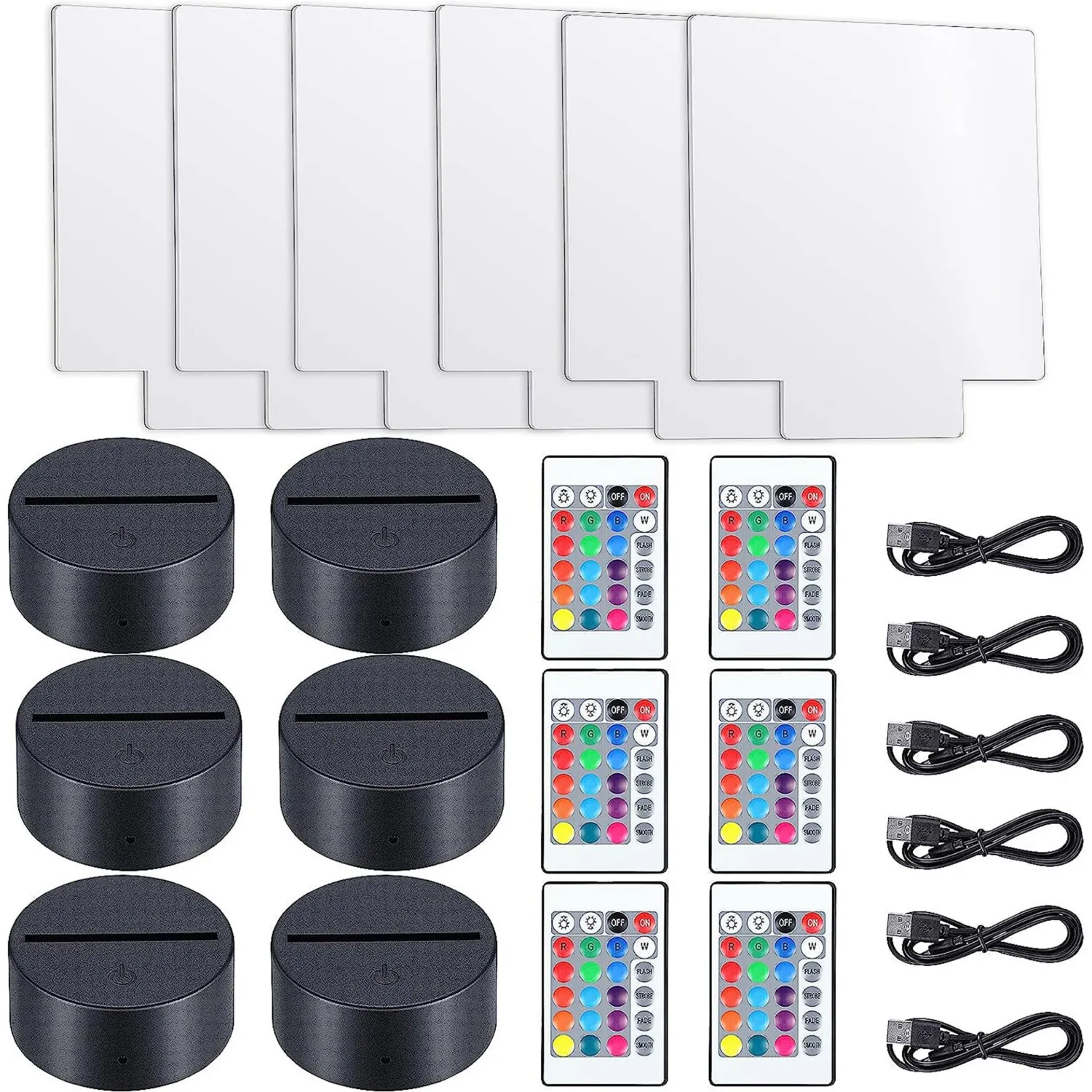 6 Sets 3D Night LED Lamp Including 6 Light Display Stands 6 Clear Acrylic Sheets 6 Remote 6 USB Cables DIY Nightlight Wholesale