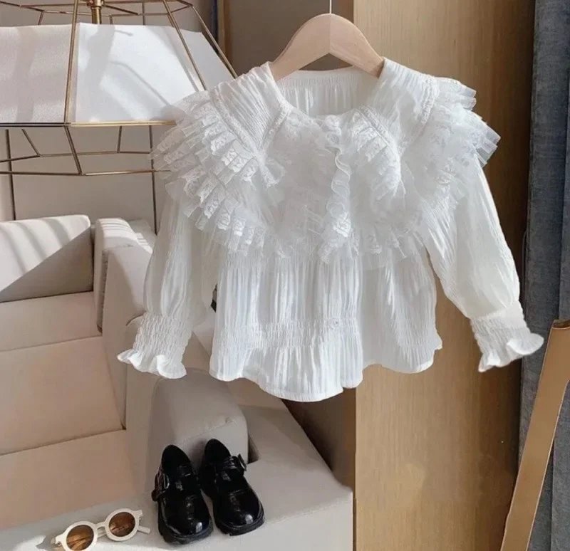 

Baby Girl Princess Lace Collar Shirt Long Flare Sleeve Toddler Child Ruffle Blouses Solid Color Spring Autumn Baby Clothes 2-12Y