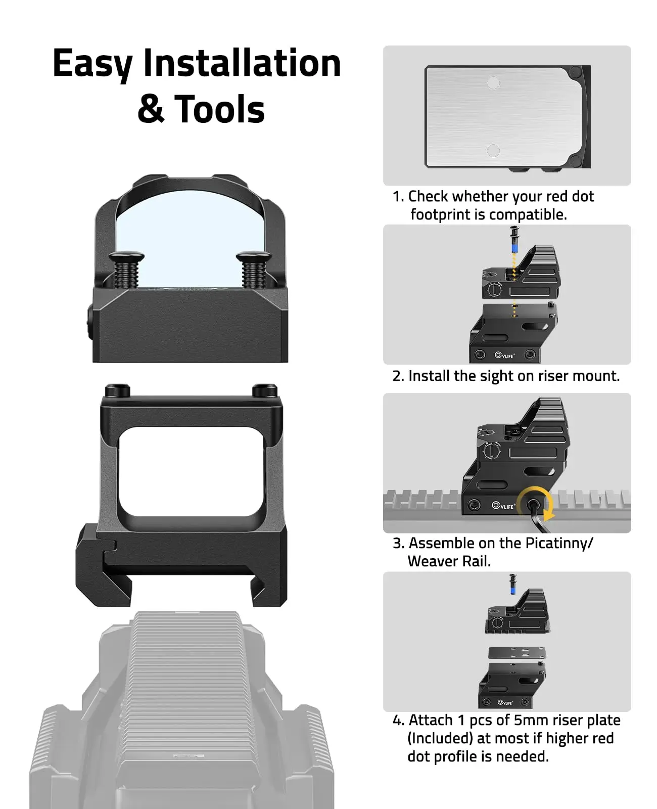 Red dot laser sight red dot riser mount for RMR RMS RMSC footprint cut reflex sight optic riser plate for Picatinny Rail 21MM 23MM 25MM
