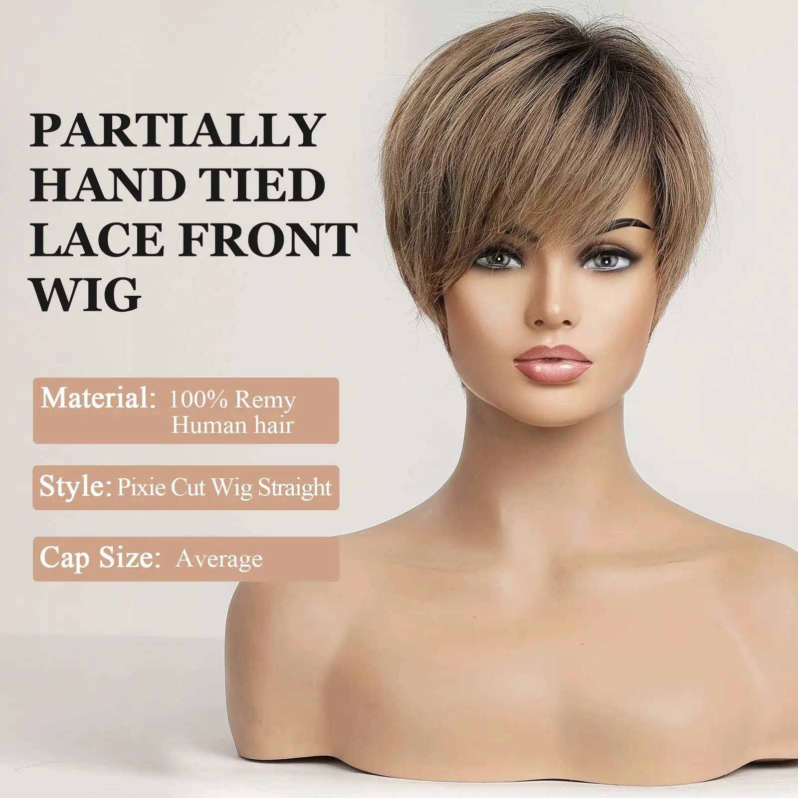 Human Hair Wigs HD Lace Frontal Human Hair Wigs Short Straight Pixie Cut Wig with Side Bang Ombre Ash Blonde Bob Wigs for Women Remy Human Hair