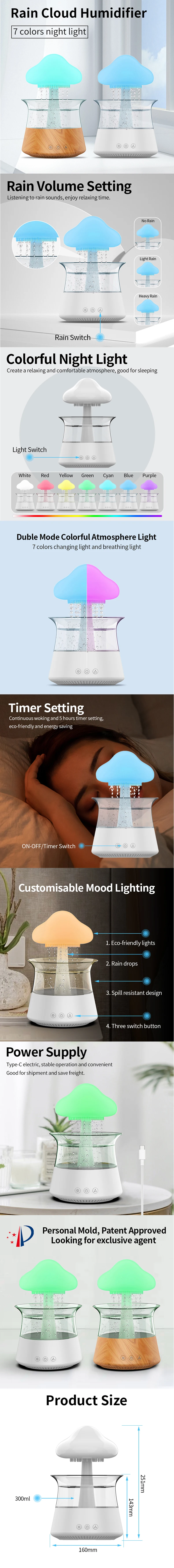 Rain Cloud Electric Air Humidifier 300ml Aroma Diffuser Zen Rain Water Drops Col