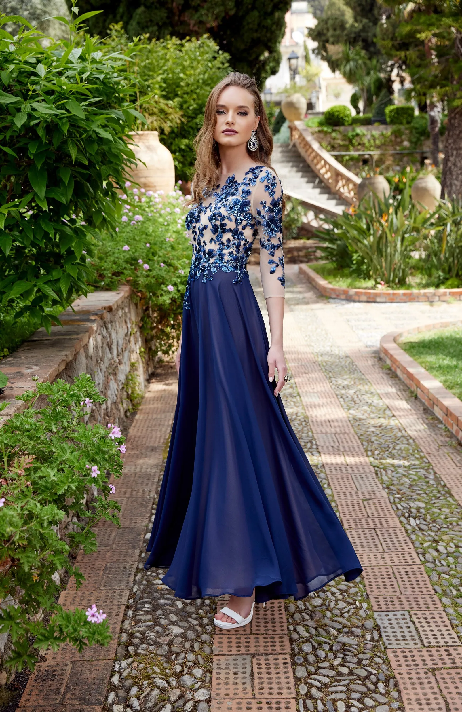 

free shipping gorgeous lace sequin ¾ sleeves full-length skirt formal event perfect exquisite lace illusion A-line prom dress