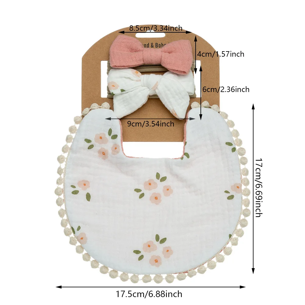 3Pcs/set Baby Flower Bibs Headbands Nylon Hair Bows Feeding Burp Cloth Scarf for Boys Girls Infant Headwear Accessories