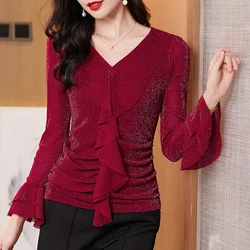 M-4XL 2023 Autumn Winter New Women Tops Slim Long Sleeve Bottoming Shirt Elastic Slim Fit Ruffles Silk Bright T shirt