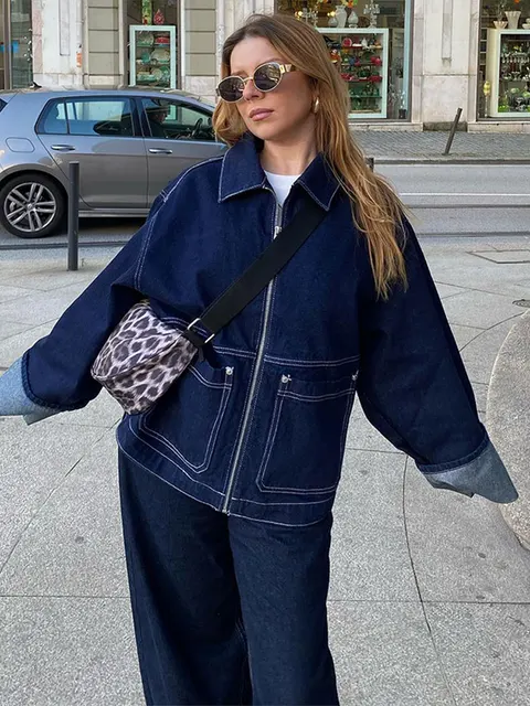 Fashion Denim Jacket Set Women Lapel Single Breasted Long Sleeve Coat Straight Jeans Pants 2025 Spring Lady High Street Outfits 4
