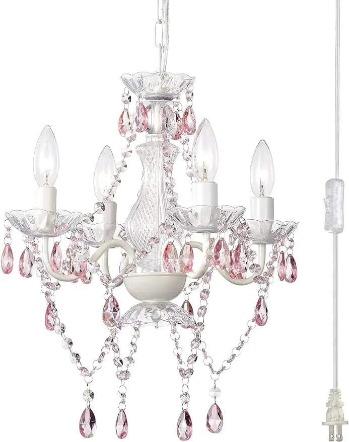 

Pink Plug in Chandelier White Chandelier with Pink Crystal Accents Plug in Swag Chandelier 4 Light Crystal Chandelier