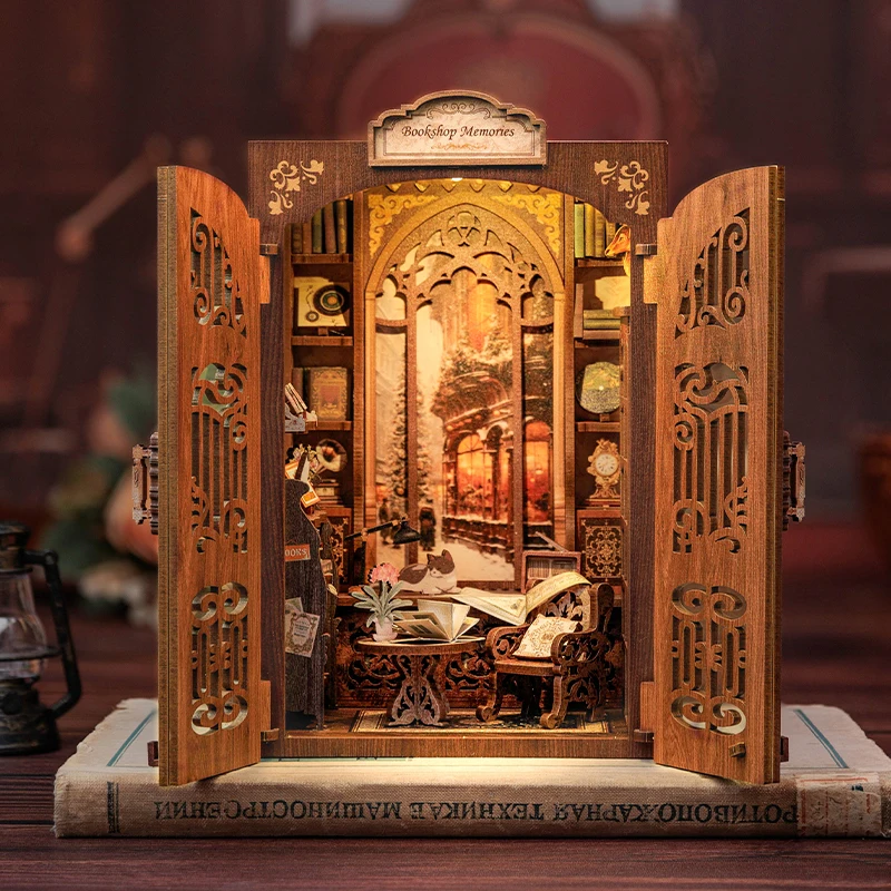CUTEBEE DIY Book Nook Library Wooden Dollhouse with Light Bookstore Bookshelf Insert Decor for Birthday Gift Bookshop Memories 3