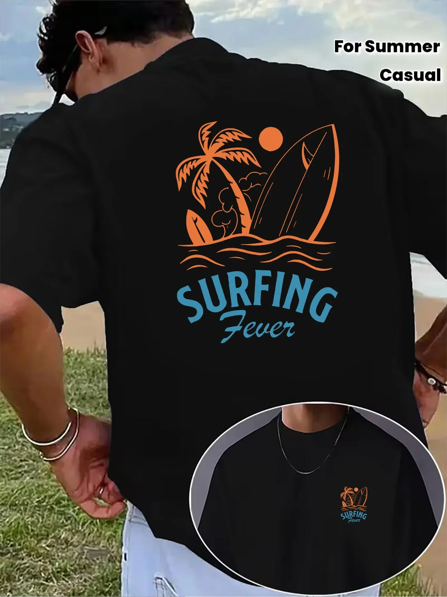 T-shirt da uomo a tema surf con motivo albero di palma e tavola da surf con scritta "Surf Craze". Camicia Estiva Casual Comoda in 100% Cotone
