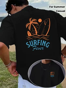 T-shirt da uomo a tema surf con motivo albero di palma e tavola da surf con scritta "Surf Craze". Camicia Estiva Casual Comoda in 100% Cotone