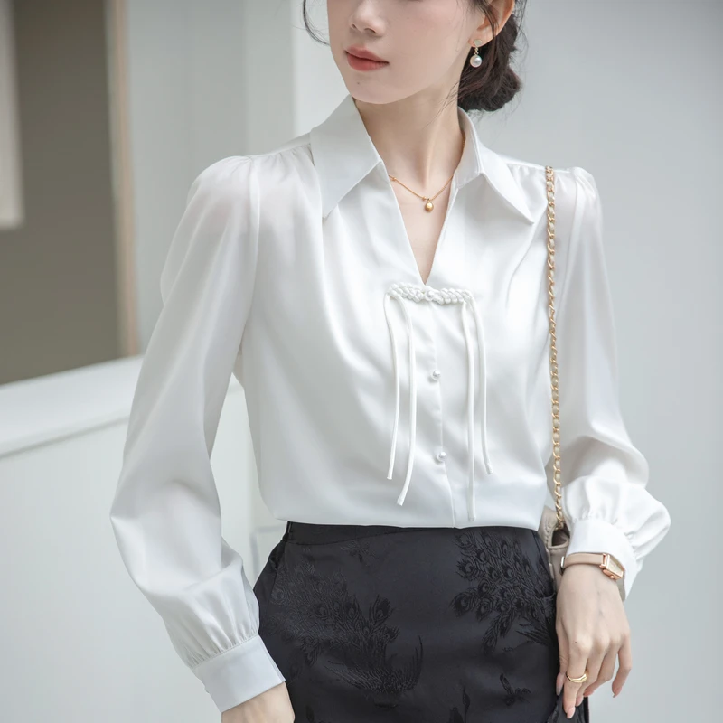 

Женская атласная рубашка с длинным рукавом, офисный топ в китайском ретро-стиле на пуговицах с узлом и лацканами, одежда для весны 2024