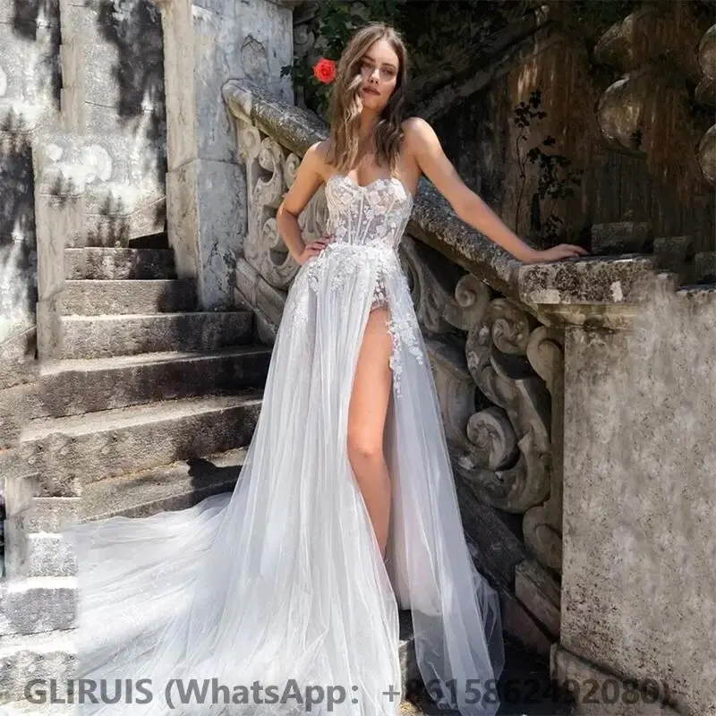 

Princess A-Line Lace Appliques Beach Wedding Dress For Women Bohemian Side Slit Robe De MareFloor length Sweetheart Sleeveless