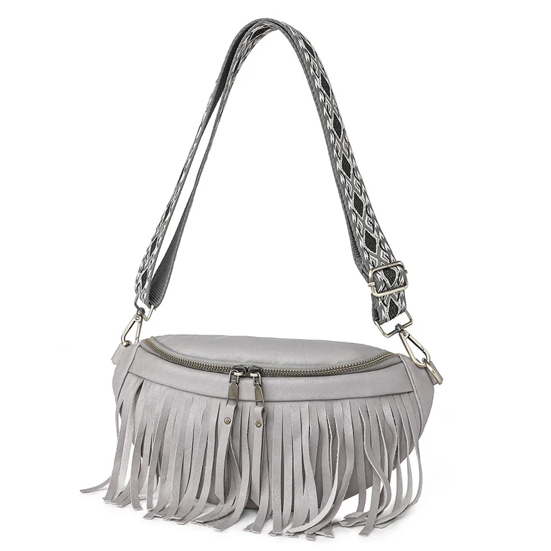 2023 European And American Retro Tassel Pleated Women's Chest Bag Fashion Shell Shaped Pu Soft Leather Crossbody Bag For Women