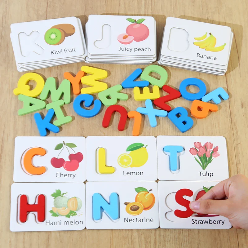 Children's Wooden Toys English Letter Cognitive Card Baby Enlightenment Early Education Fruit And Vegetable Puzzle Game Gift 2