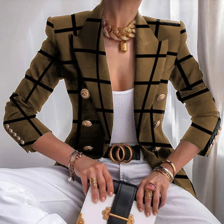 2023 New Women's Coat Autumn and Winter Printed Small Suit Fit Fashion Short Double-breasted Top Women
