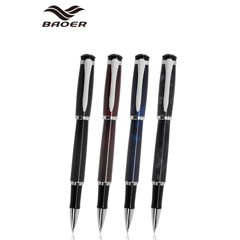 Baoer 508 Metal Blue/Dark Gray Marble Barrel Roller Ball Pen Refillable Office School Writing Gift Accessory