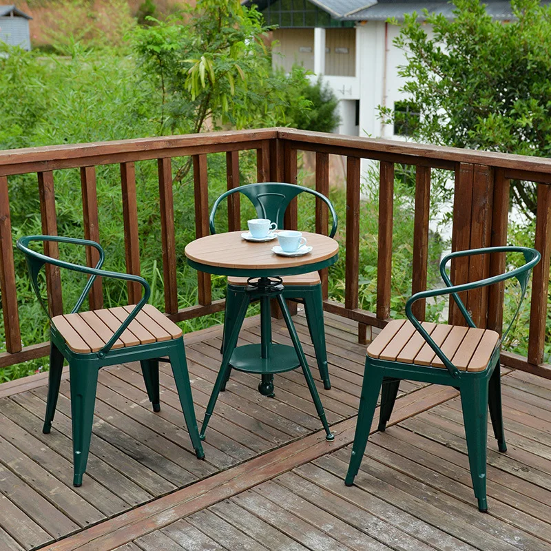 Outdoor Plastic Wood Round Table And Chair Set Outdoor Garden Courtyard