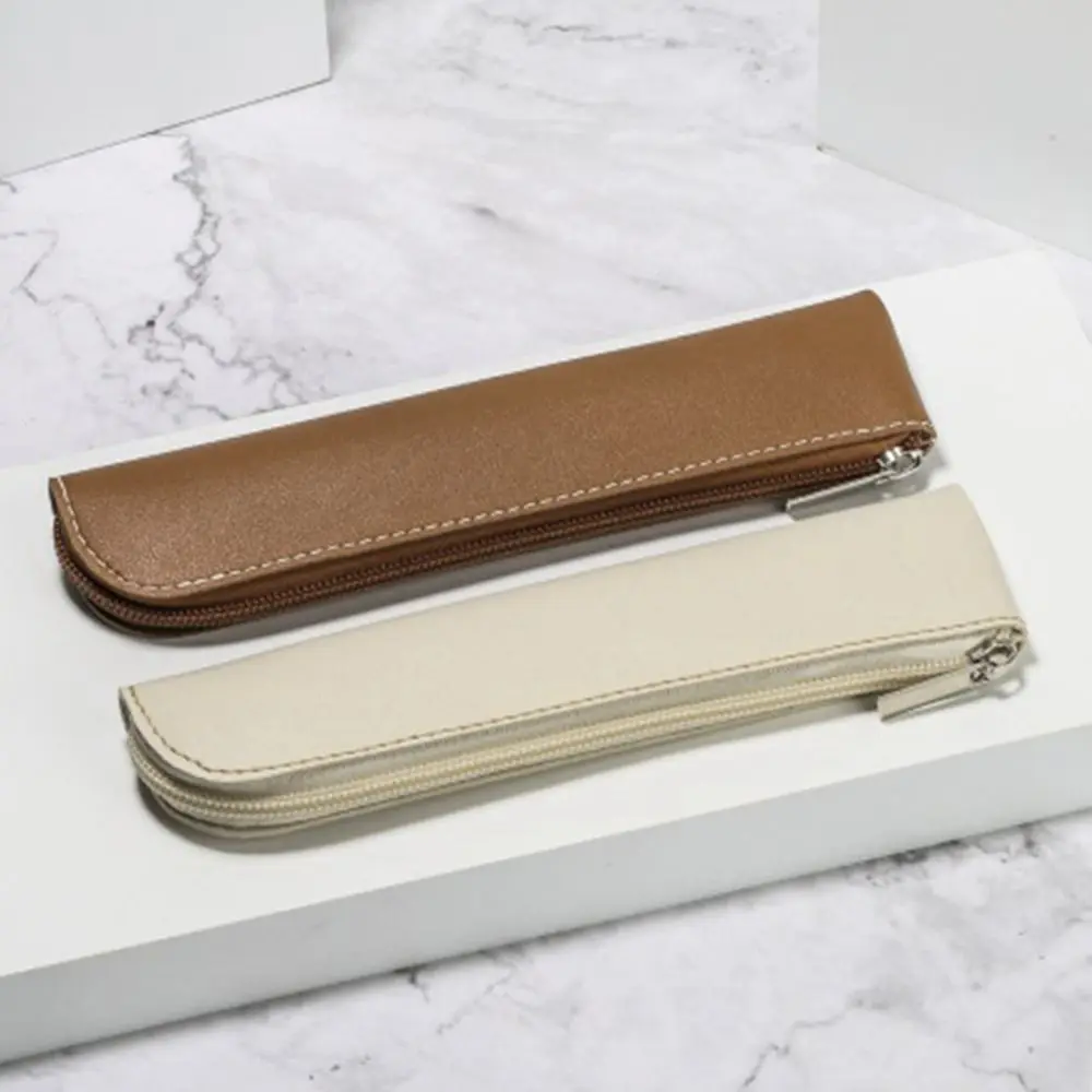 PU Leather Pen Pouch Solid Color PU Pencil Bags Large Capacity Pen Bags Holder Zipper Pencil Case Lightweight Office Supply
