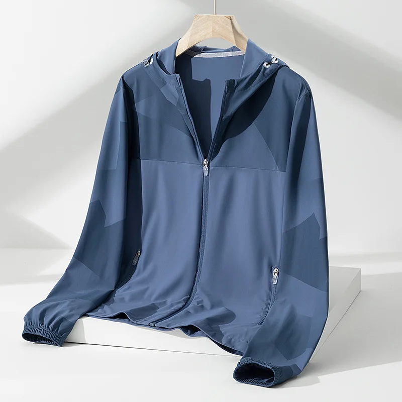 Sunscreen Men Running Jacket Printed Zipper Pocket Hoodie Sweatshirt Hiking Fishing Jogger Casual Workout Fitness Cycling Jacket