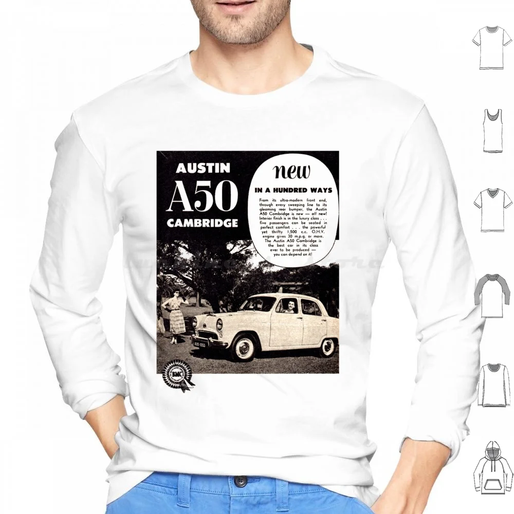 

Austin A50-Advert Hoodies Long Sleeve Austin British Motor Corporation Westminster Morris Metropolitan Princess