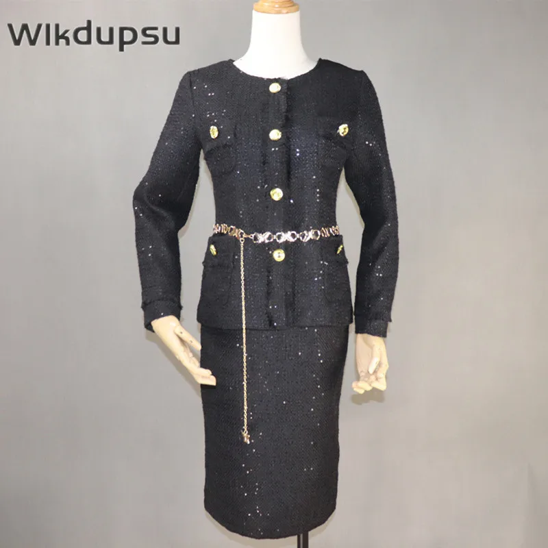 

Tweed Jacket and Skirt Set Women Vintage Elegant High Quality Runway Designer Autumn Winter Wool Coat Two Piece Suits Outfits