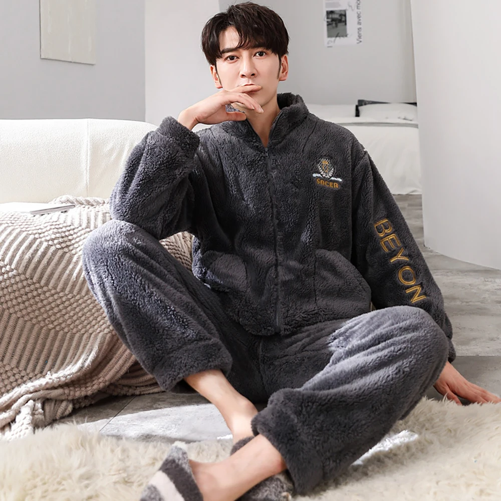 Zipper Warm Flannel Long Plush Pajamas for Men Winter Thicken Coral Fleece Male Pajamas Set Simple Casual Solid pyjama homme 3XL men sleepwear coral fleece pajama set loose zipper winter pajamas flannel plus size 3xl cardigan nightgown pyjama men hombre