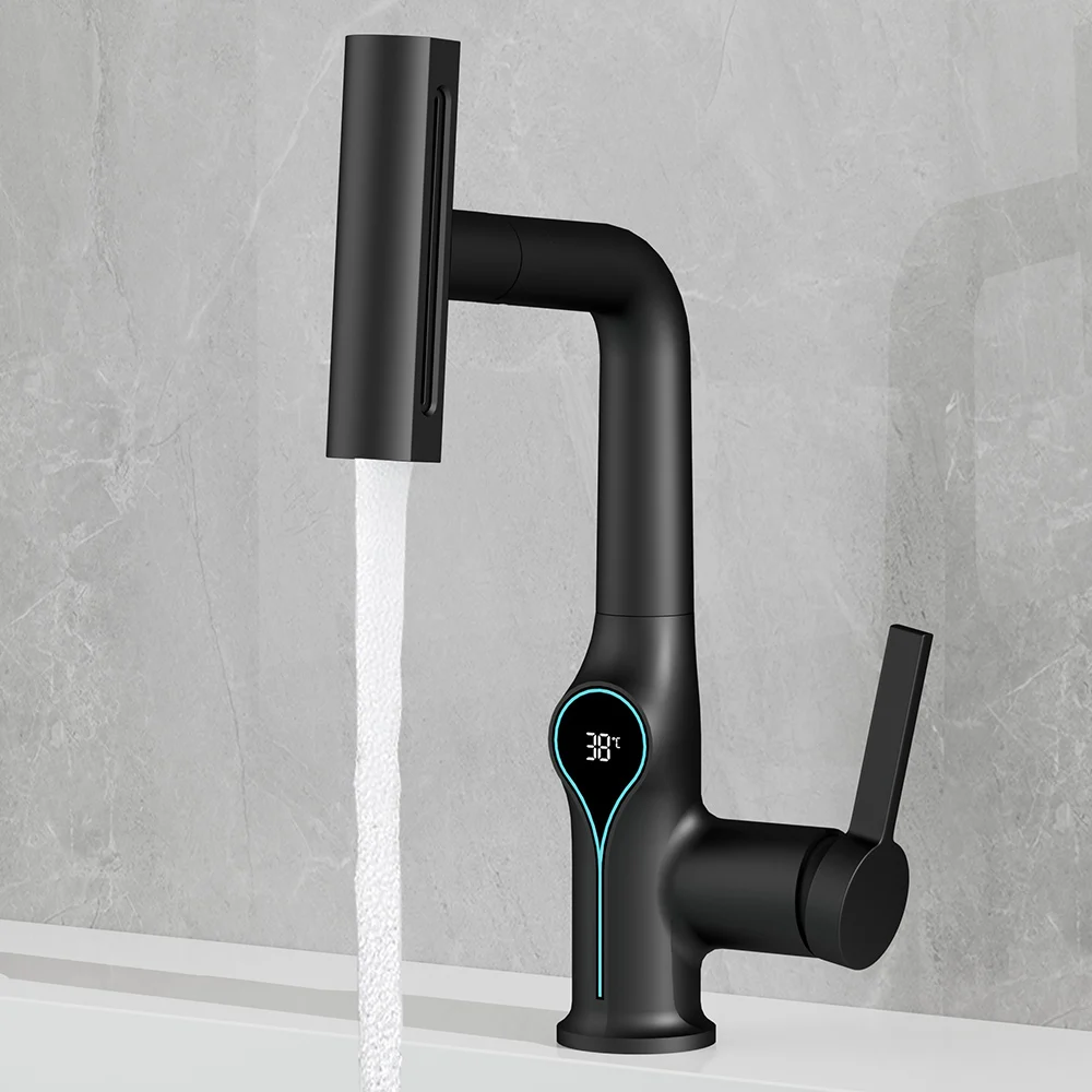 Waterfall Pull Out Kitchen Faucet Black Intelligent Digital Display Cold Hot Mixer Taps Rotatable Sink Lifting Basin Faucet