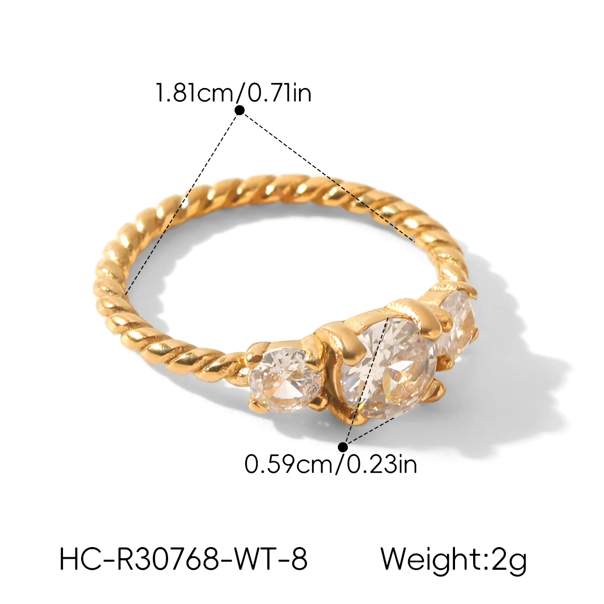 Kubischer Zirkonia Gedrehter Ring 18K Vergoldeter Edelstahl Damen Zierlicher Kristall Minimalistischer Wasserfester Anlauffreier Hochzeitsgeschenk – Detail 6