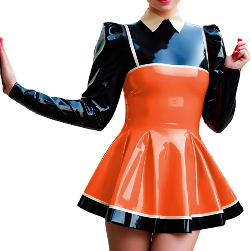 Plus Size Patchwork A-line Dresses for Womens Fashion Long Puff Sleeved Vinly PVC Leather Mini Dress Nightclub Party Vestidos