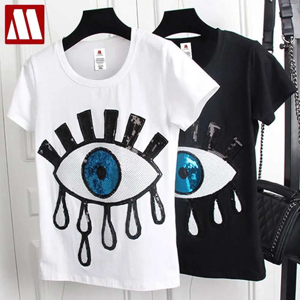 2024 Fashion Short Sleeve Eyes Embroidery Sequins T-shirt Women Cotton T Shirts Size White Black T Shirts Woman Tear Tees