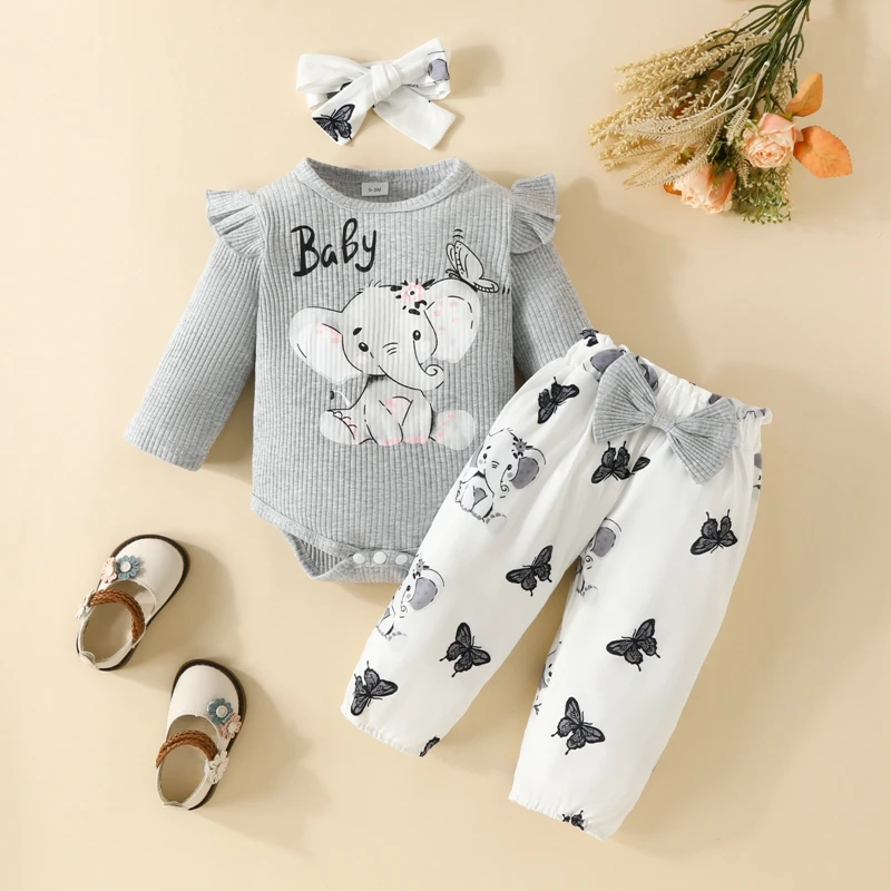

BeQeuewll 3Pcs Baby Girl Cute Fall Outfits Long Sleeve Elephant Print Romper And Bow Pants And Headband Set Infant Outfit