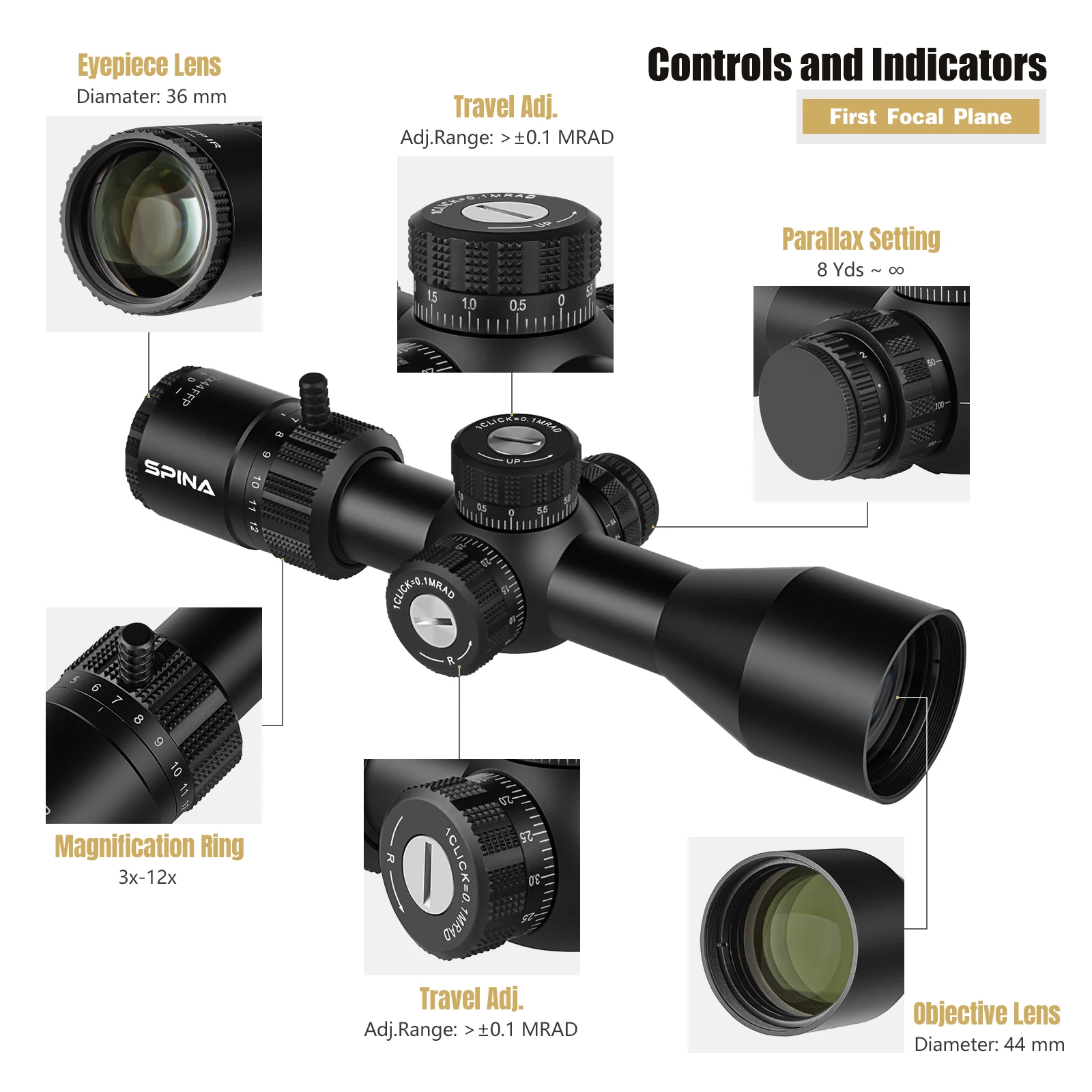 HD 3-12x44 FFP Compact Rifle Scope Sight Tactical Hunting Turrets Lock Reset Side Parallax Quickly Shooting Sight SPINA OPTICS spotting scope