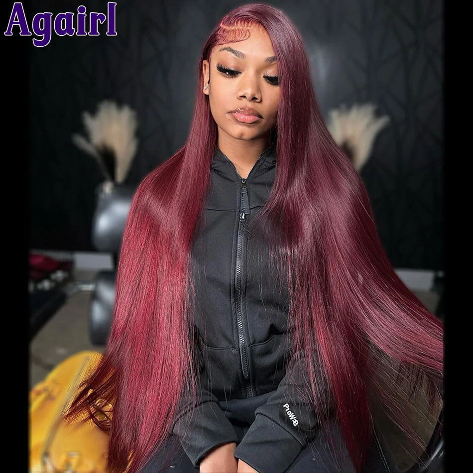 

Dark Burgundy 99J Bone Straight 13x4 Glueless Lace Frontal Wigs With Baby Hair Pre Plucked Transparent 6X4 Lace Human Hair Wigs
